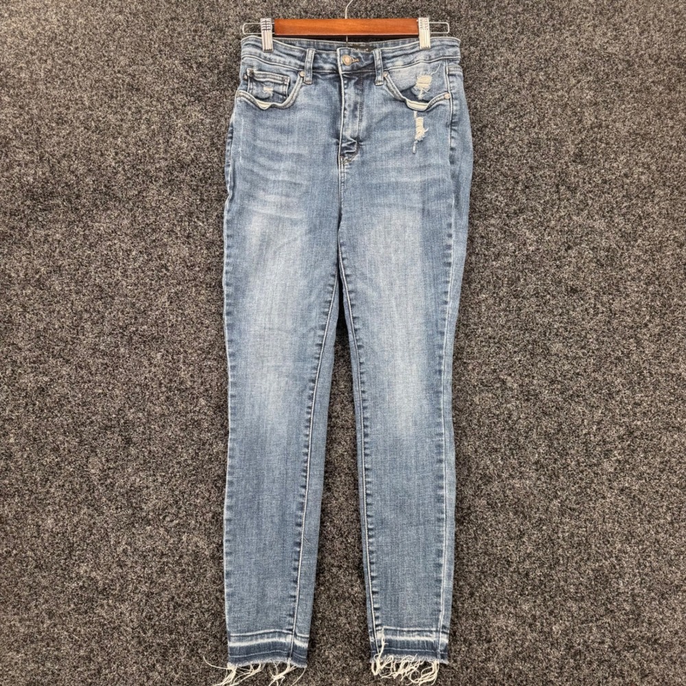 Judy Blue High Waist Distressed Skinny Jeans Raw Hem Medium Wash JB88417 9/29
